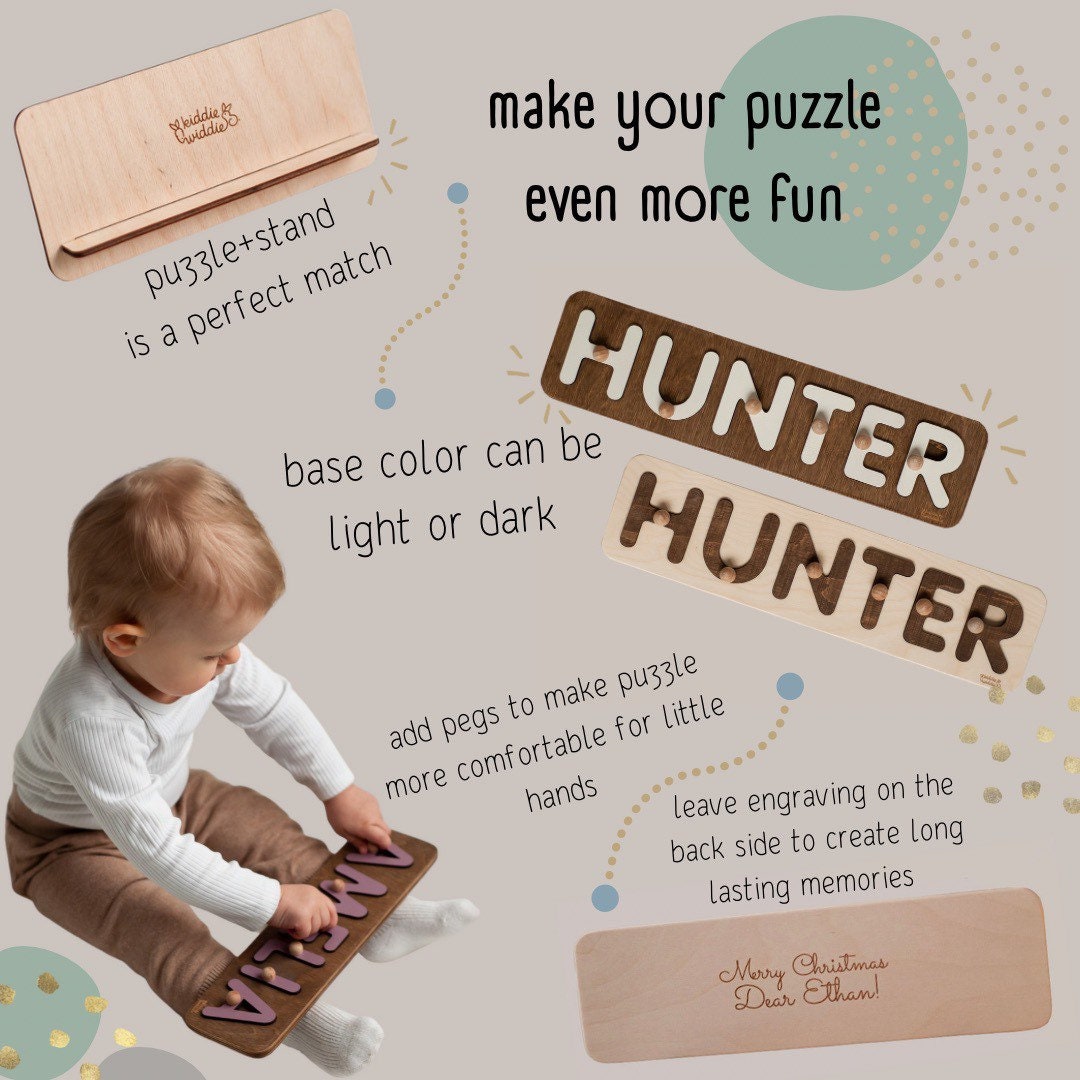 Name Puzzle, Christmas Personalized Gift for Baby and Toddler, Patterned Flower Puzzle, Natural Wooden Puzzle, First Birthday Gift
