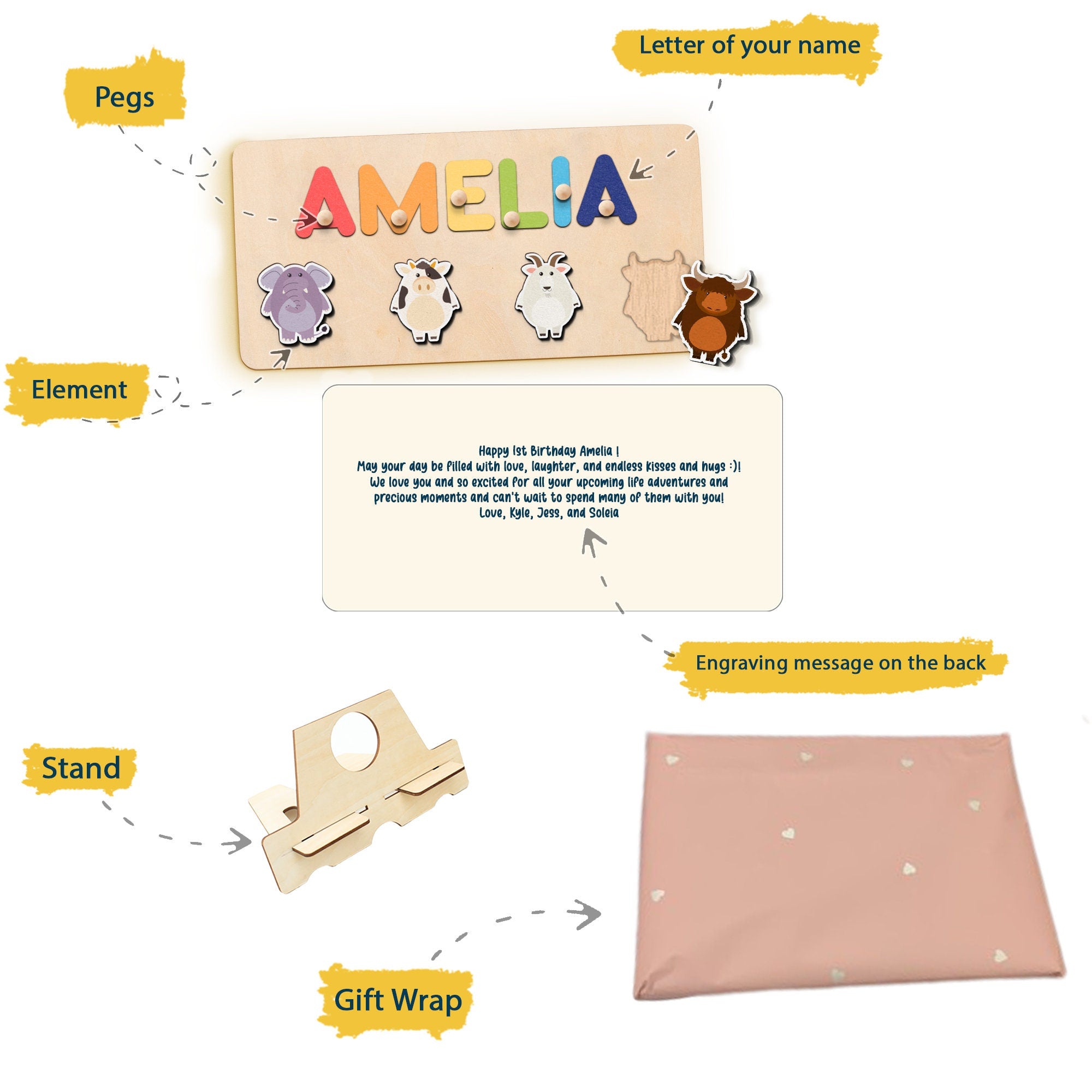 Farm Animal Name Puzzle with Pegs – Wooden Barnyard Toy for Toddlers, 1st Birthday Gift, Baby Shower or First Christmas Present