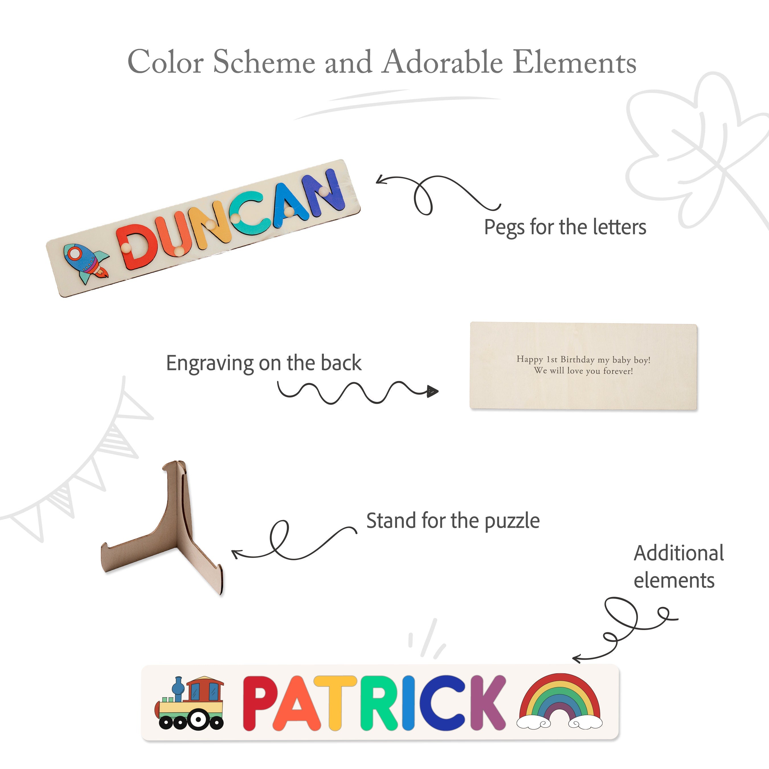 Personalized Name Puzzle With Pegs,  New Christmas Gifts for Kids, Wooden Toys, Baby Shower, First Birthday 1st Gifts, Wood Name Puzzle