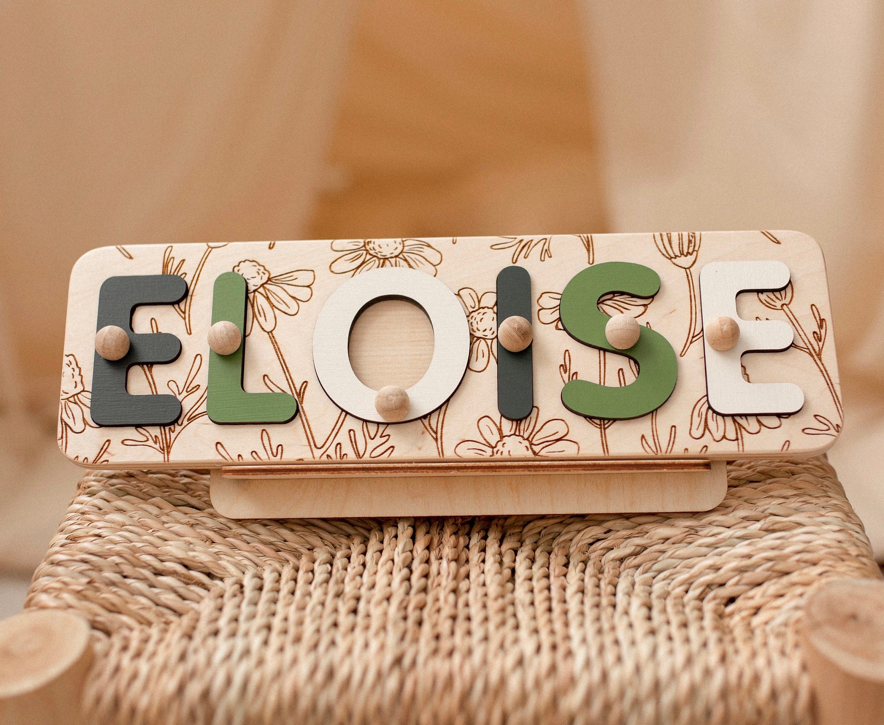 Name Puzzle, Christmas Personalized Gift for Baby and Toddler, Patterned Flower Puzzle, Natural Wooden Puzzle, First Birthday Gift