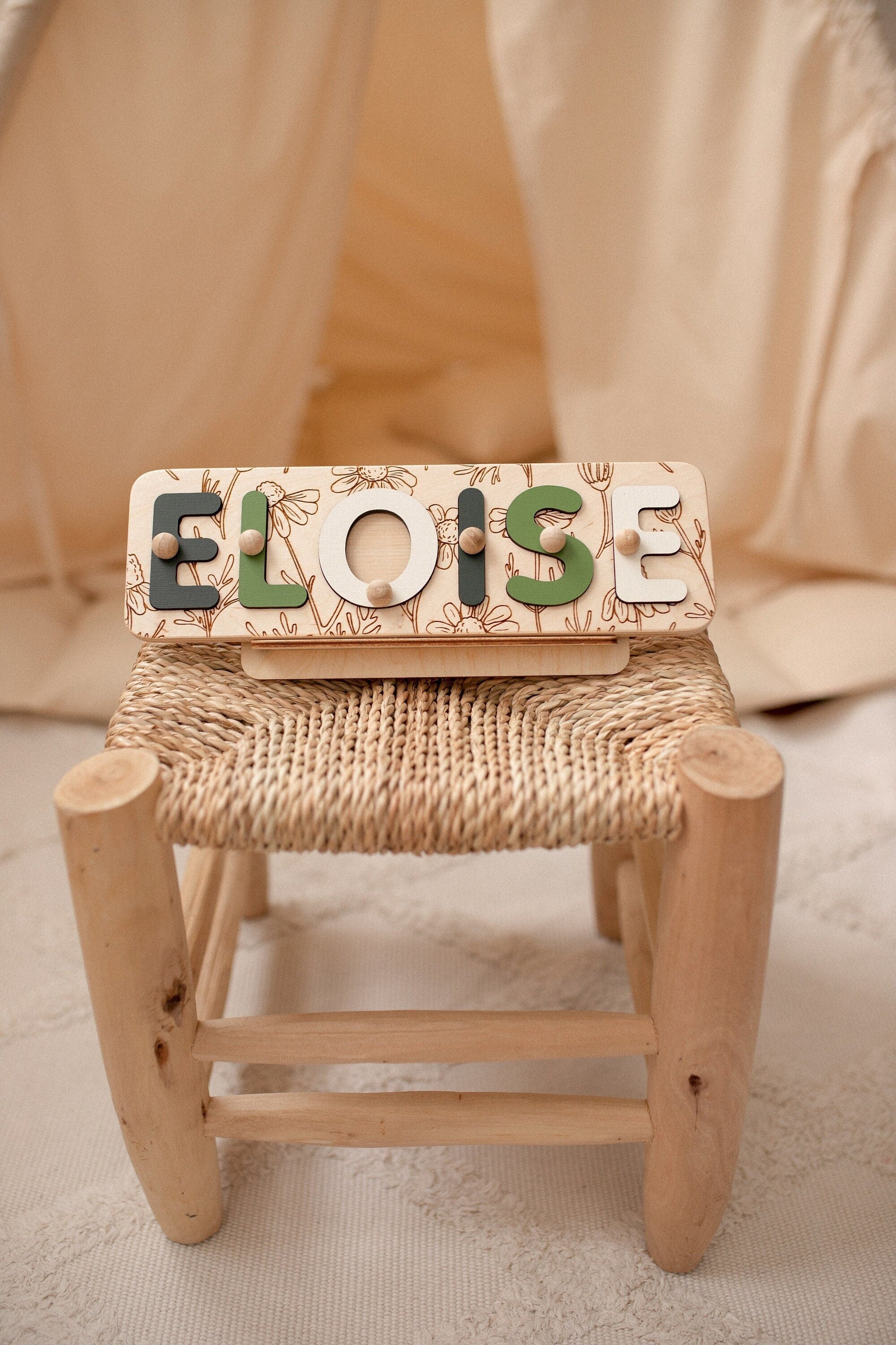 Name Puzzle, Christmas Personalized Gift for Baby and Toddler, Patterned Flower Puzzle, Natural Wooden Puzzle, First Birthday Gift