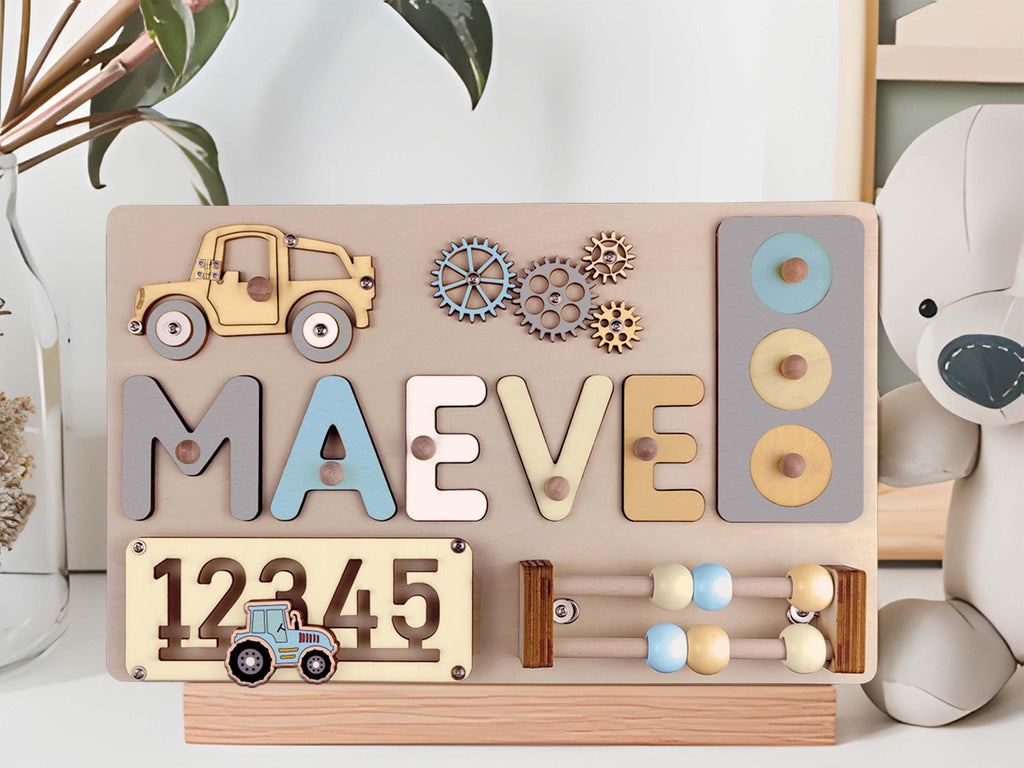 Name Puzzle Montessori Busy board for Toddlers - Personalized Puzzle Wooden Toy Baby Shower, Christmas, or 1st Birthday Gift