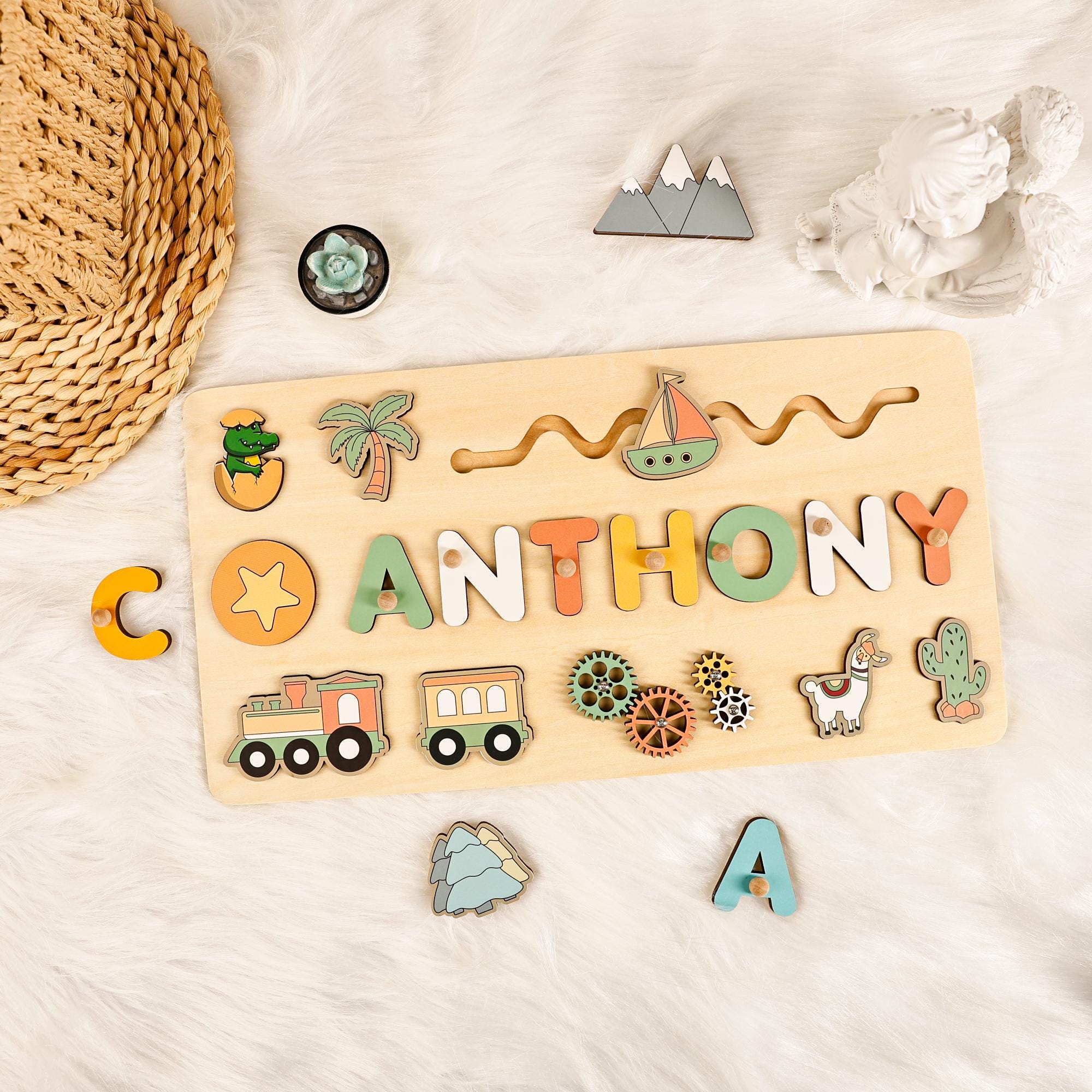 Personalized Kids Busy Board, Sensory Toy 2 Year-Old, Crocodile/Train Wooden Puzzle, Baby Name Puzzle, Nursery Decor, Unique Birthday Gift