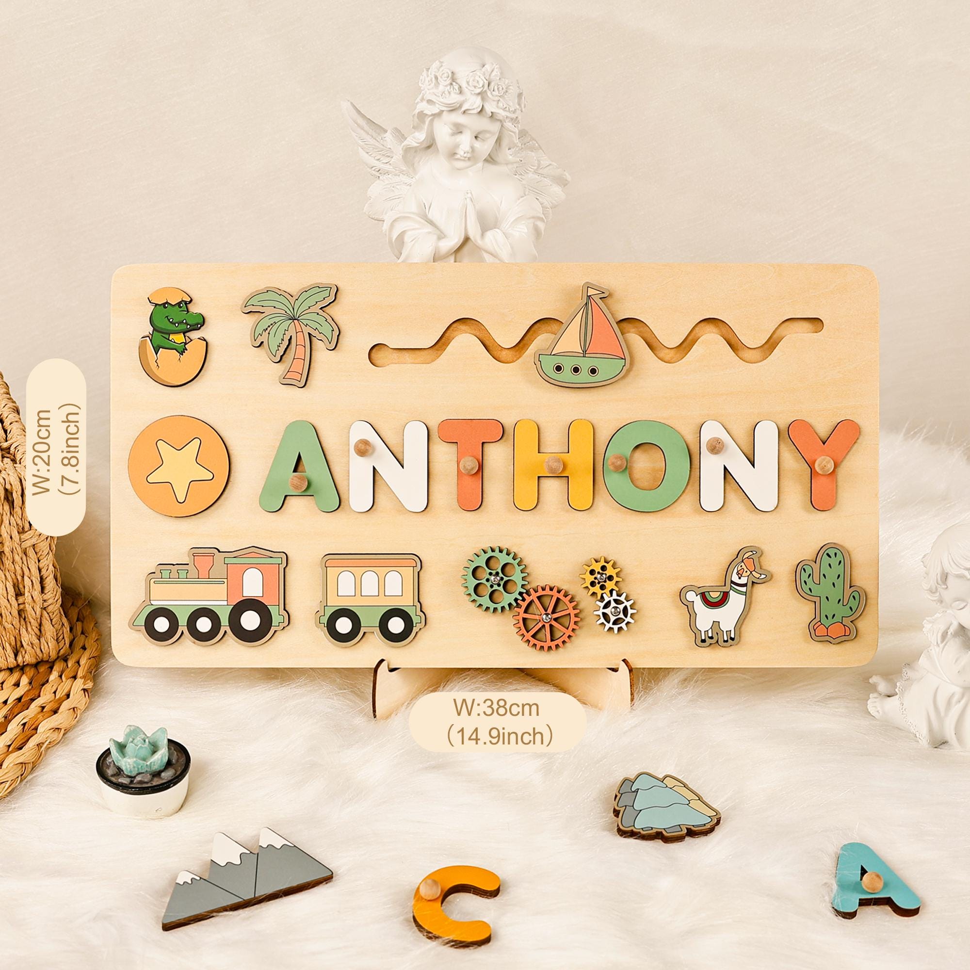 Personalized Kids Busy Board, Sensory Toy 2 Year-Old, Crocodile/Train Wooden Puzzle, Baby Name Puzzle, Nursery Decor, Unique Birthday Gift