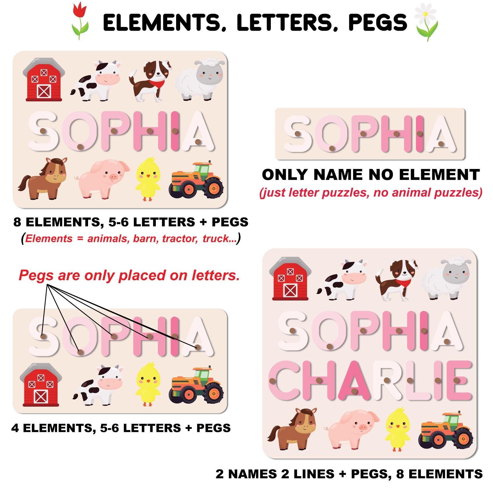 Farm Animal Name Puzzle with Pegs – Wooden Barnyard Toy for Toddlers, 1st Birthday Gift, Baby Shower or First Christmas Present