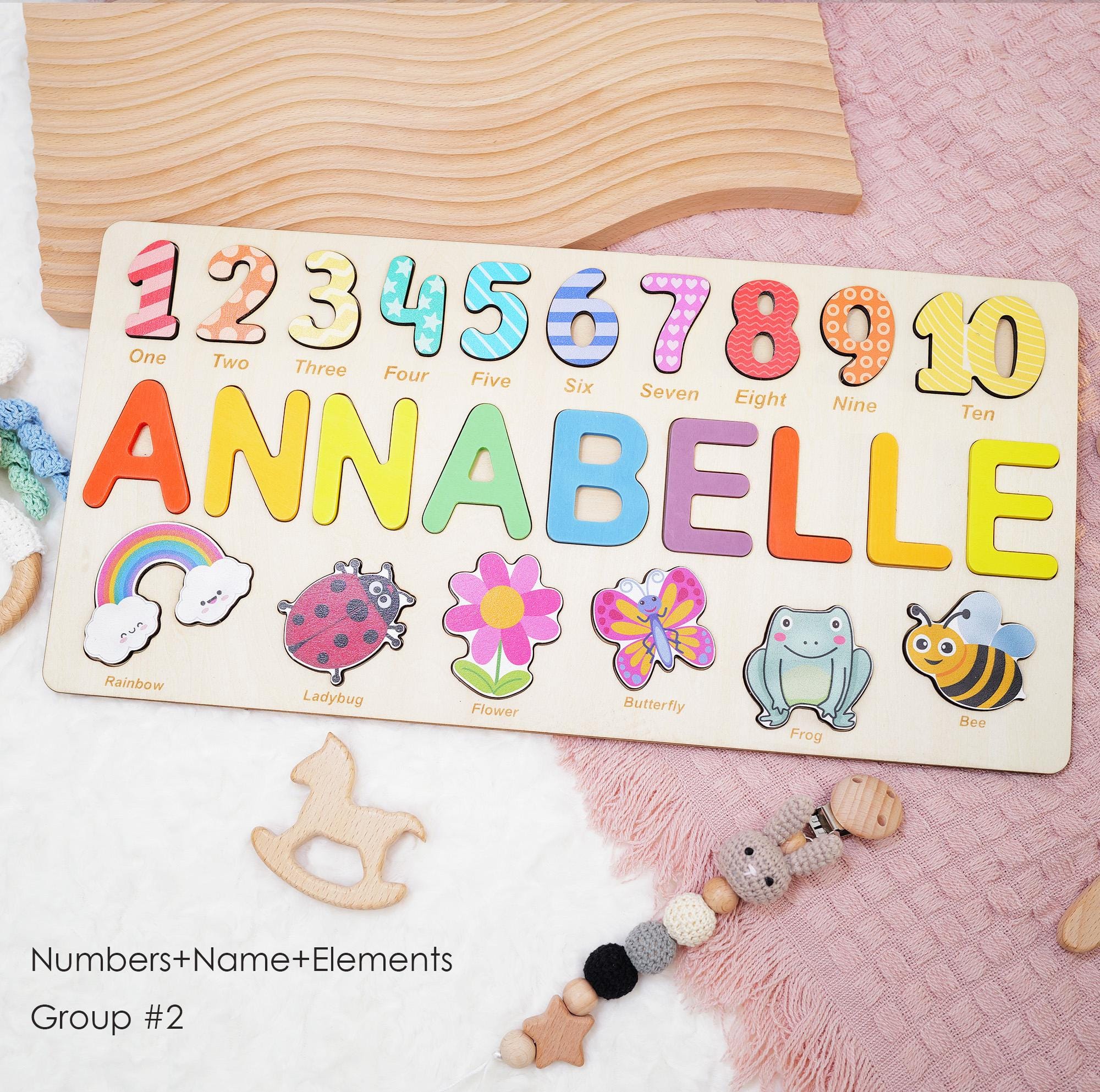 Personalized Wooden Name Puzzle for Girls, Colorful Educational Toy with Name, Numbers 1-10 & 7 Custom Elements, Perfect for Preschoolers