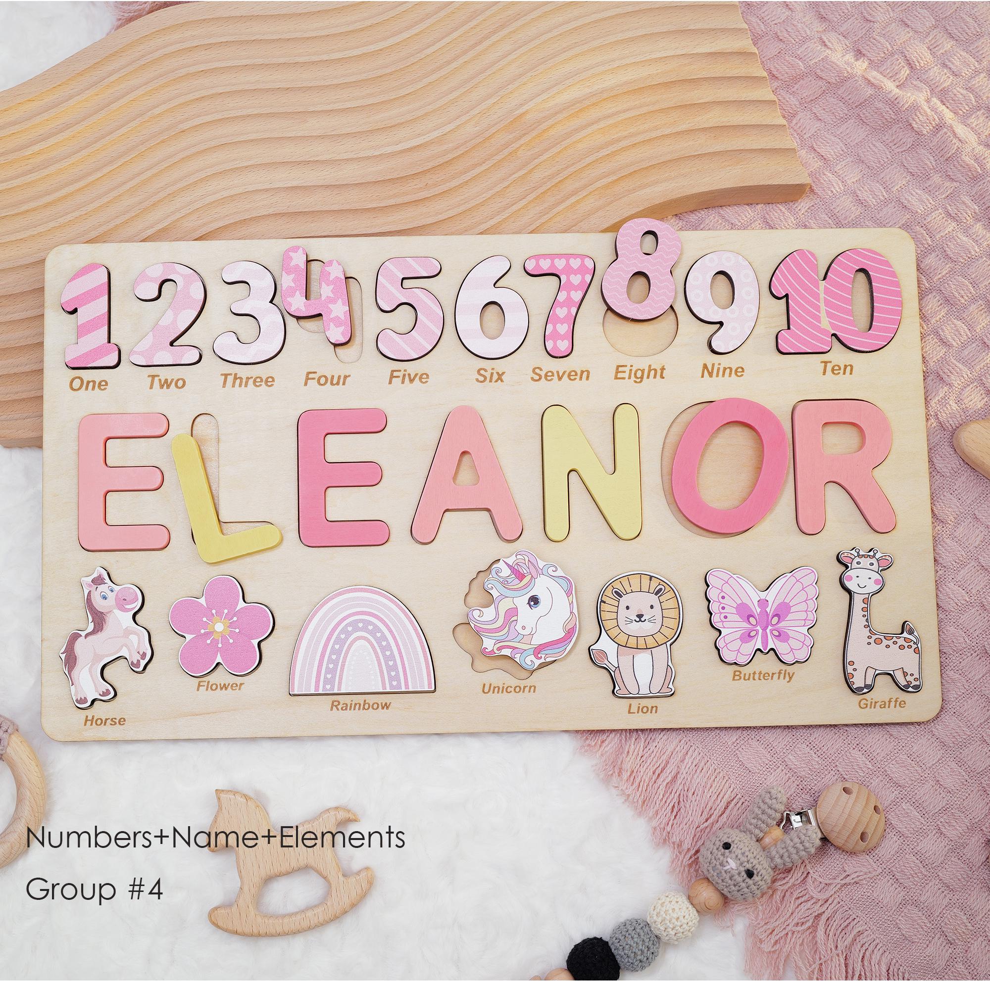 Personalized Wooden Name Puzzle for Girls, Colorful Educational Toy with Name, Numbers 1-10 & 7 Custom Elements, Perfect for Preschoolers