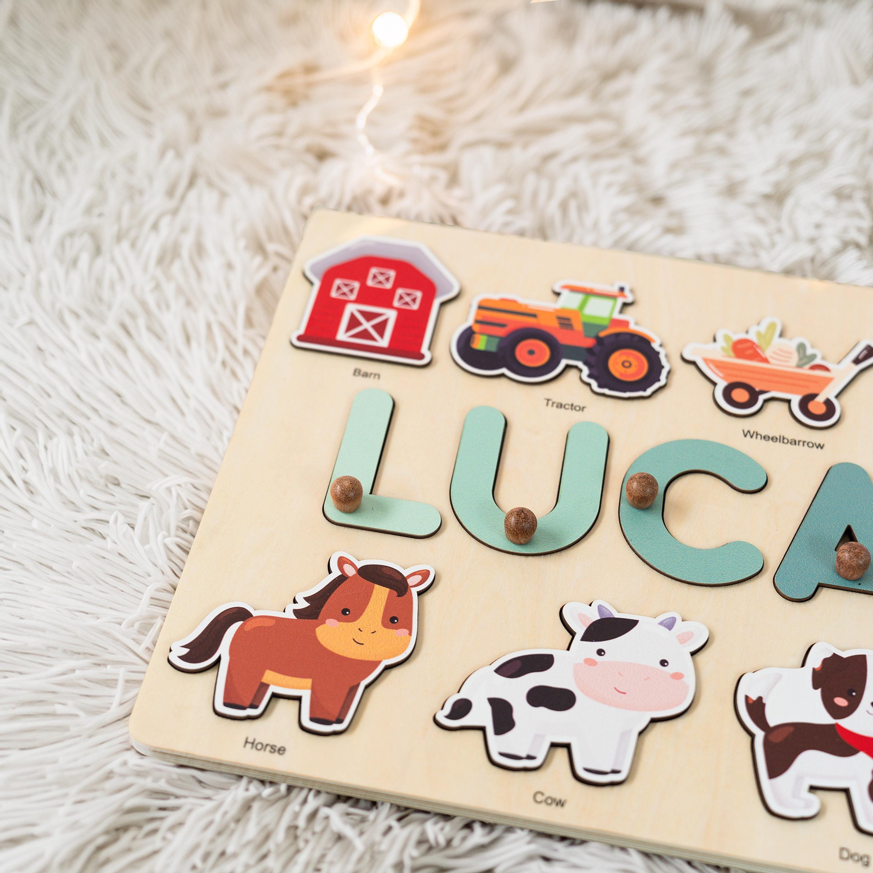 Farm Animal Name Puzzle with Pegs – Wooden Barnyard Toy for Toddlers, 1st Birthday Gift, Baby Shower or First Christmas Present