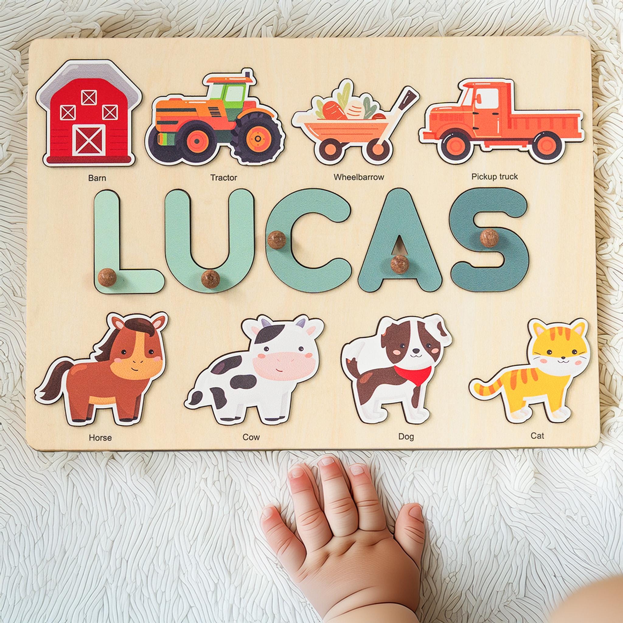 Farm Animal Name Puzzle with Pegs – Wooden Barnyard Toy for Toddlers, 1st Birthday Gift, Baby Shower or First Christmas Present