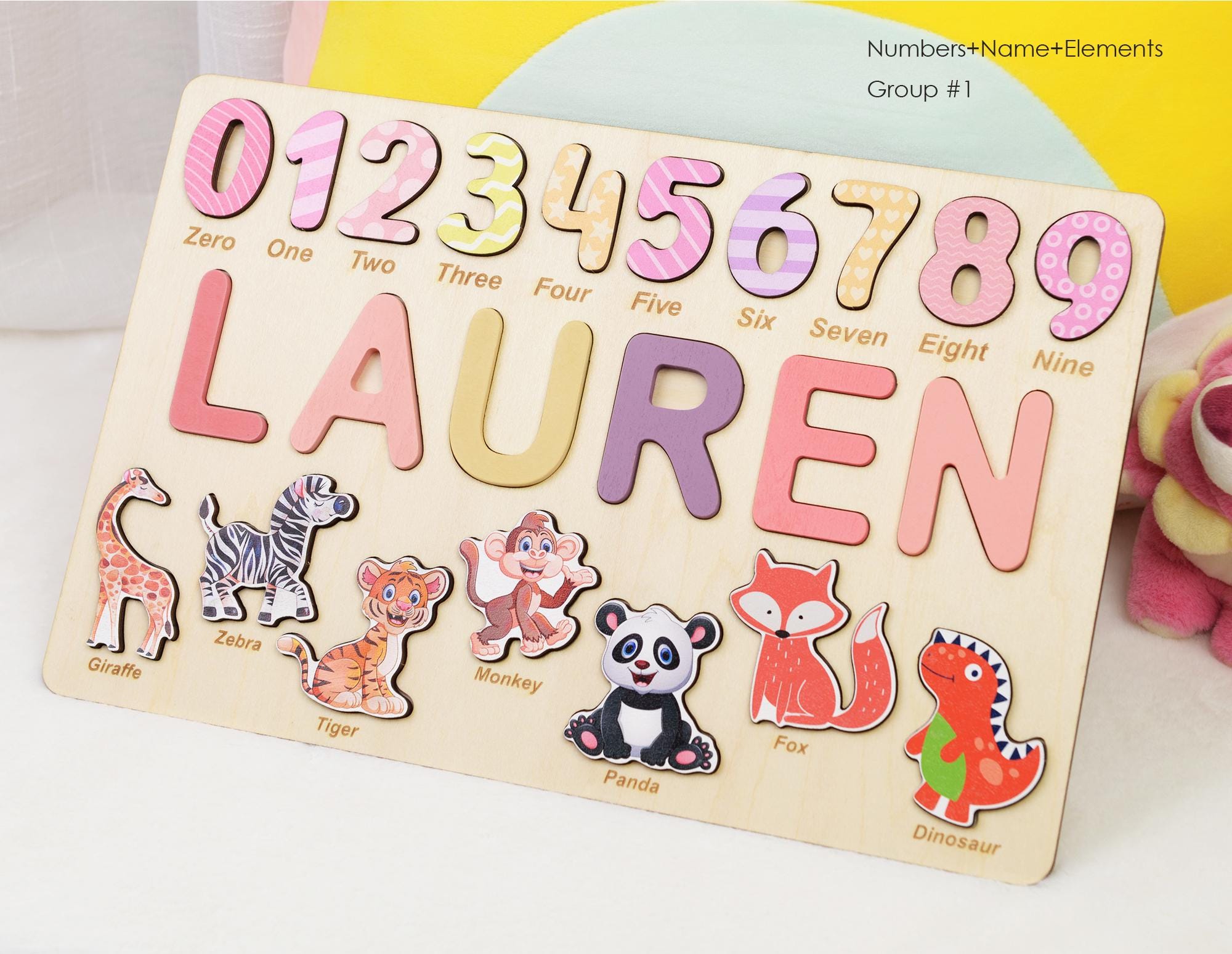 Personalized Wooden Name Puzzle for Girls, Colorful Educational Toy with Name, Numbers 1-10 & 7 Custom Elements, Perfect for Preschoolers