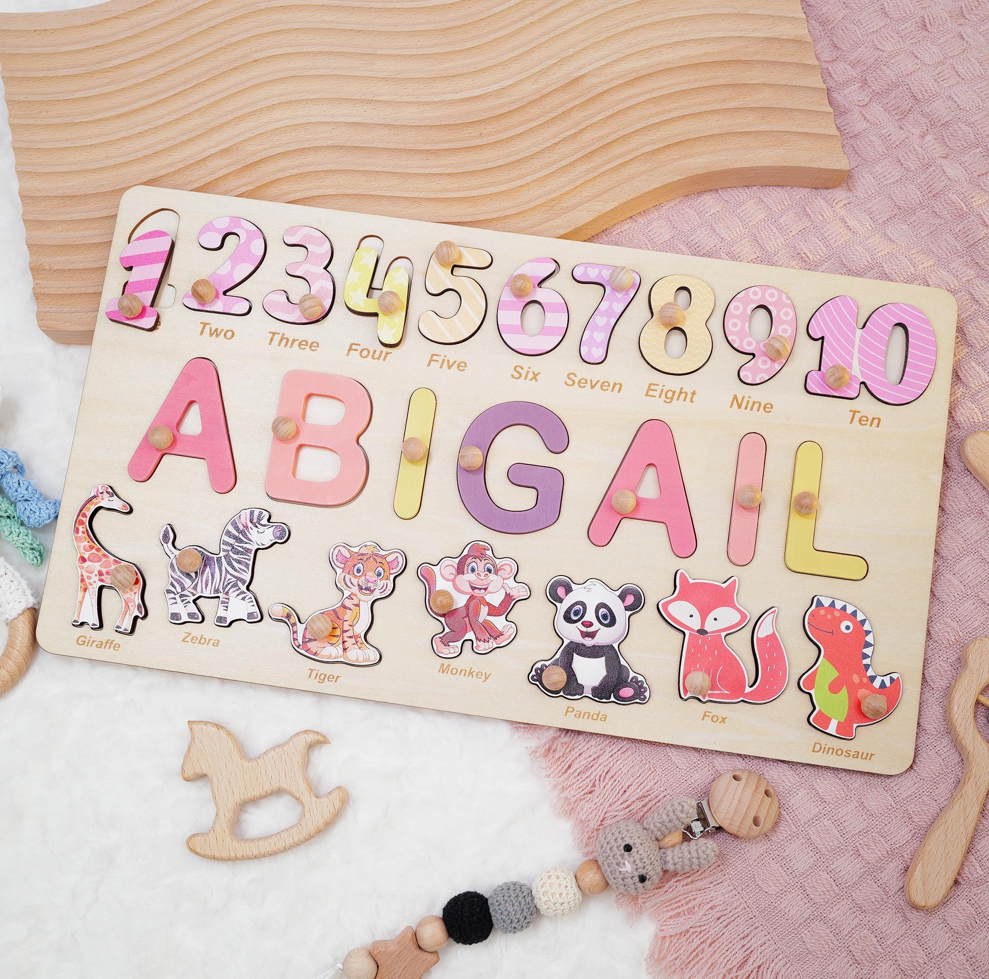 Personalized Wooden Name Puzzle for Girls, Colorful Educational Toy with Name, Numbers 1-10 & 7 Custom Elements, Perfect for Preschoolers