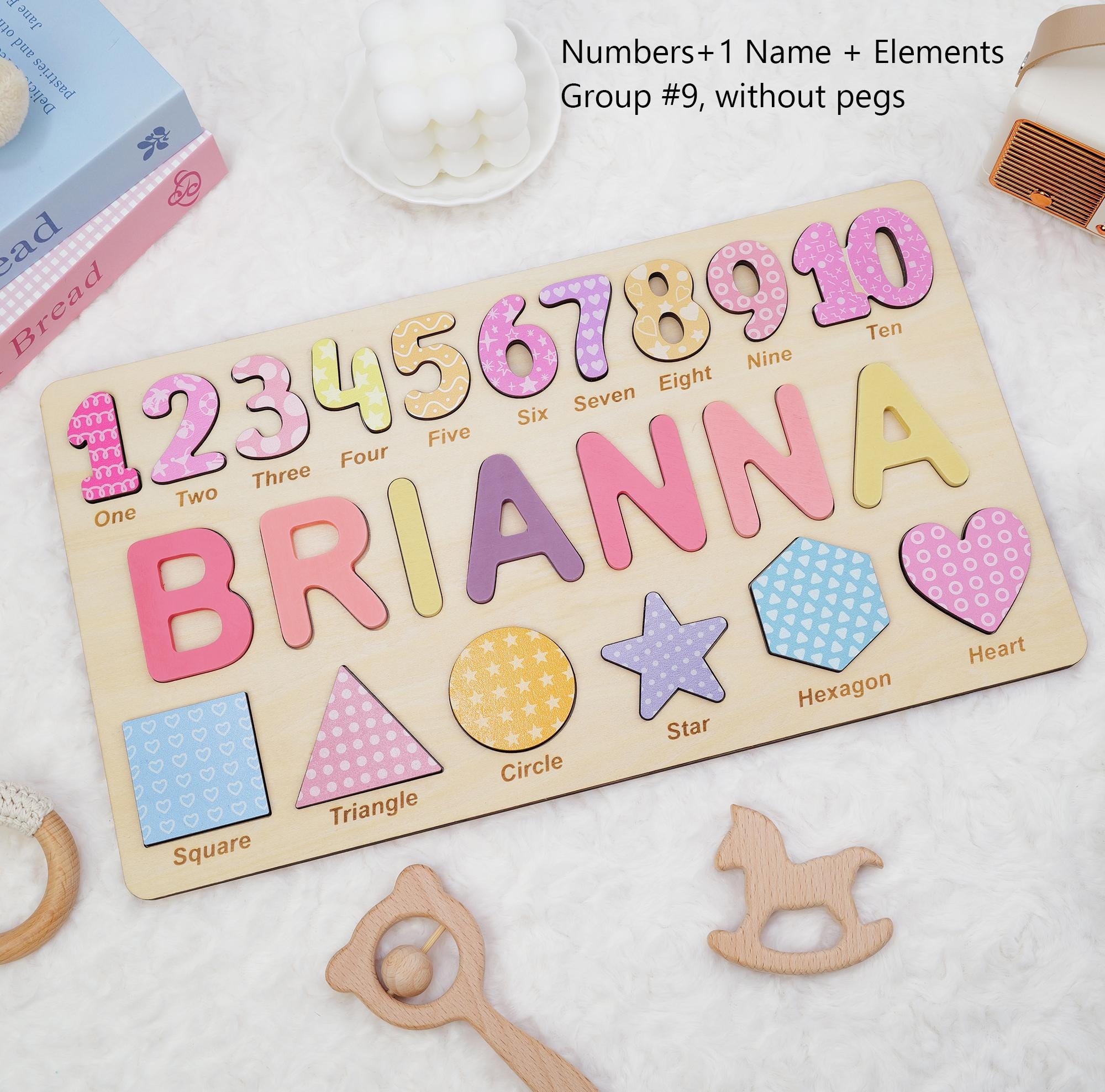 Personalized Wooden Name Puzzle for Girls, Colorful Educational Toy with Name, Numbers 1-10 & 7 Custom Elements, Perfect for Preschoolers