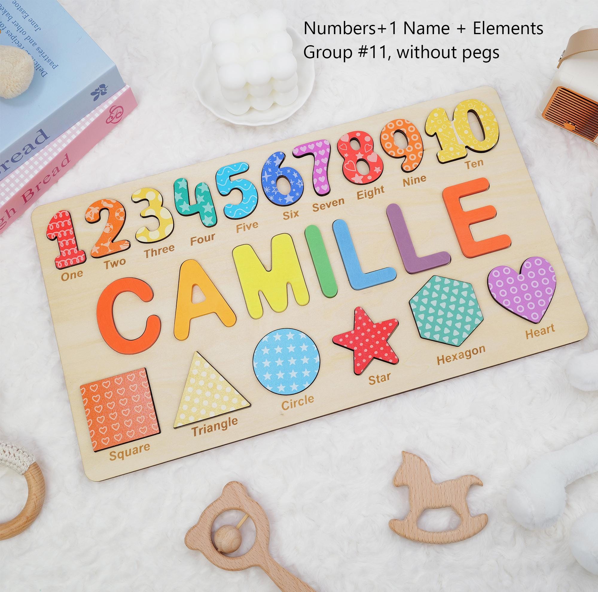 Personalized Wooden Name Puzzle for Girls, Colorful Educational Toy with Name, Numbers 1-10 & 7 Custom Elements, Perfect for Preschoolers