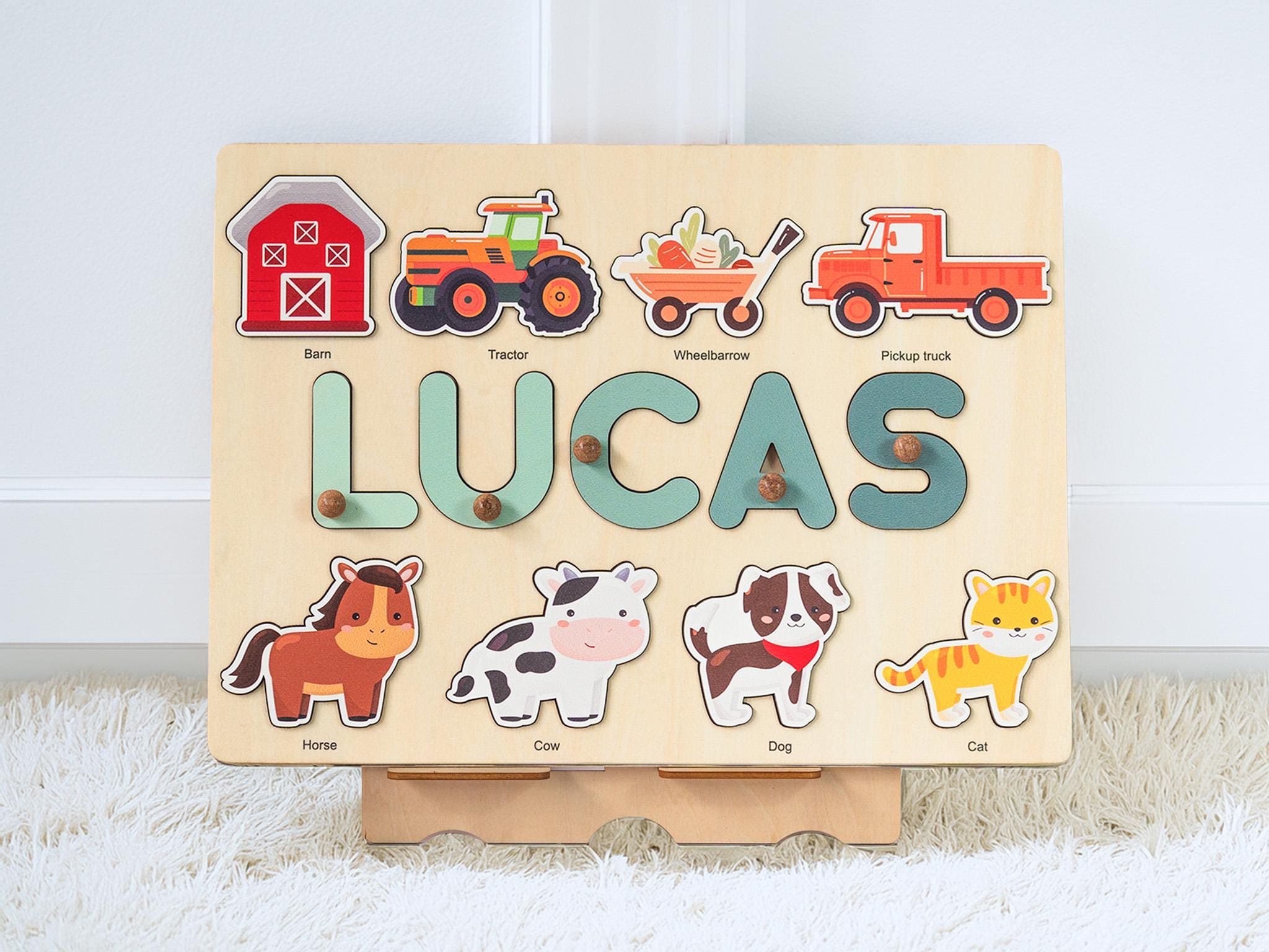 Farm Animal Name Puzzle with Pegs – Wooden Barnyard Toy for Toddlers, 1st Birthday Gift, Baby Shower or First Christmas Present