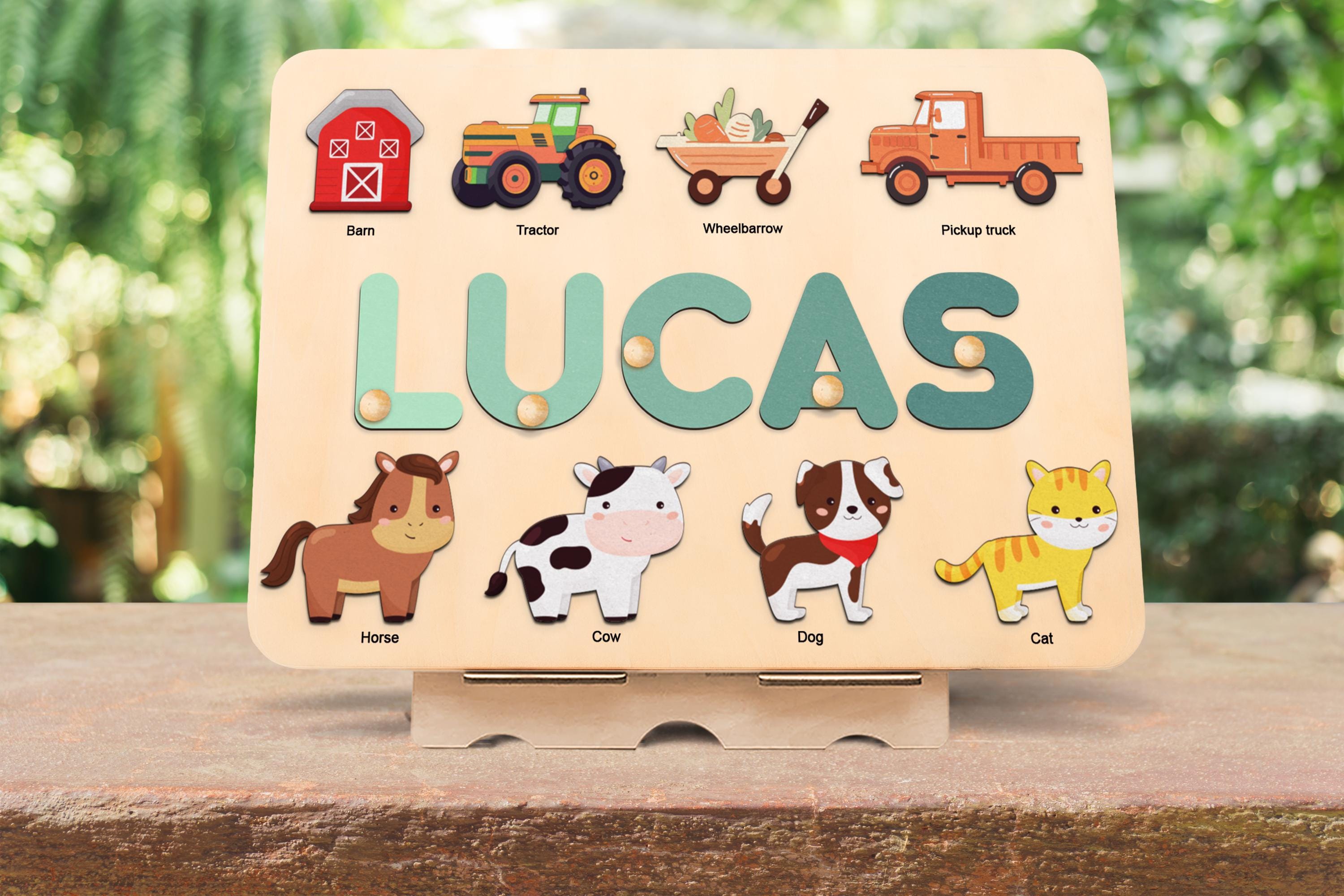 Farm Animal Name Puzzle with Pegs – Wooden Barnyard Toy for Toddlers, 1st Birthday Gift, Baby Shower or First Christmas Present