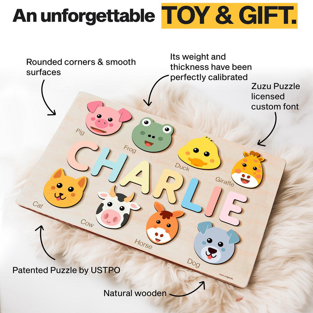 Custom Handmade Name Puzzle with Animals, Personalized Birthday Gift for Kids, Christmas Gifts for Toddlers, Unique New Baby Gift, Wood Toy