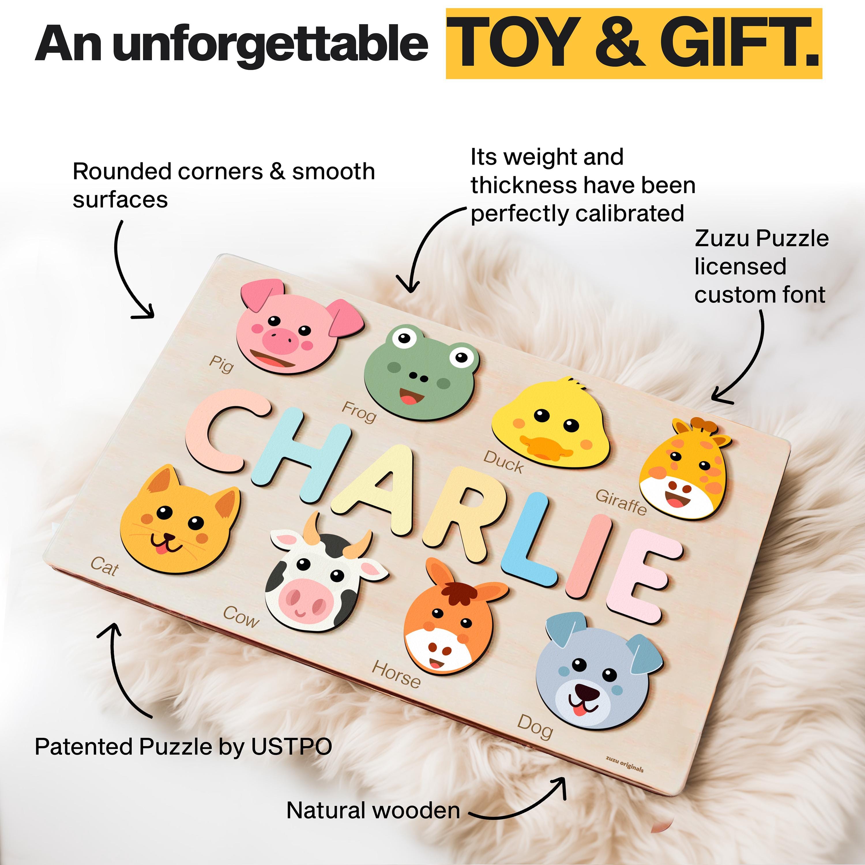 Custom Handmade Name Puzzle with Animals, Personalized Birthday Gift for Kids, Christmas Gifts for Toddlers, Unique New Baby Gift, Wood Toy