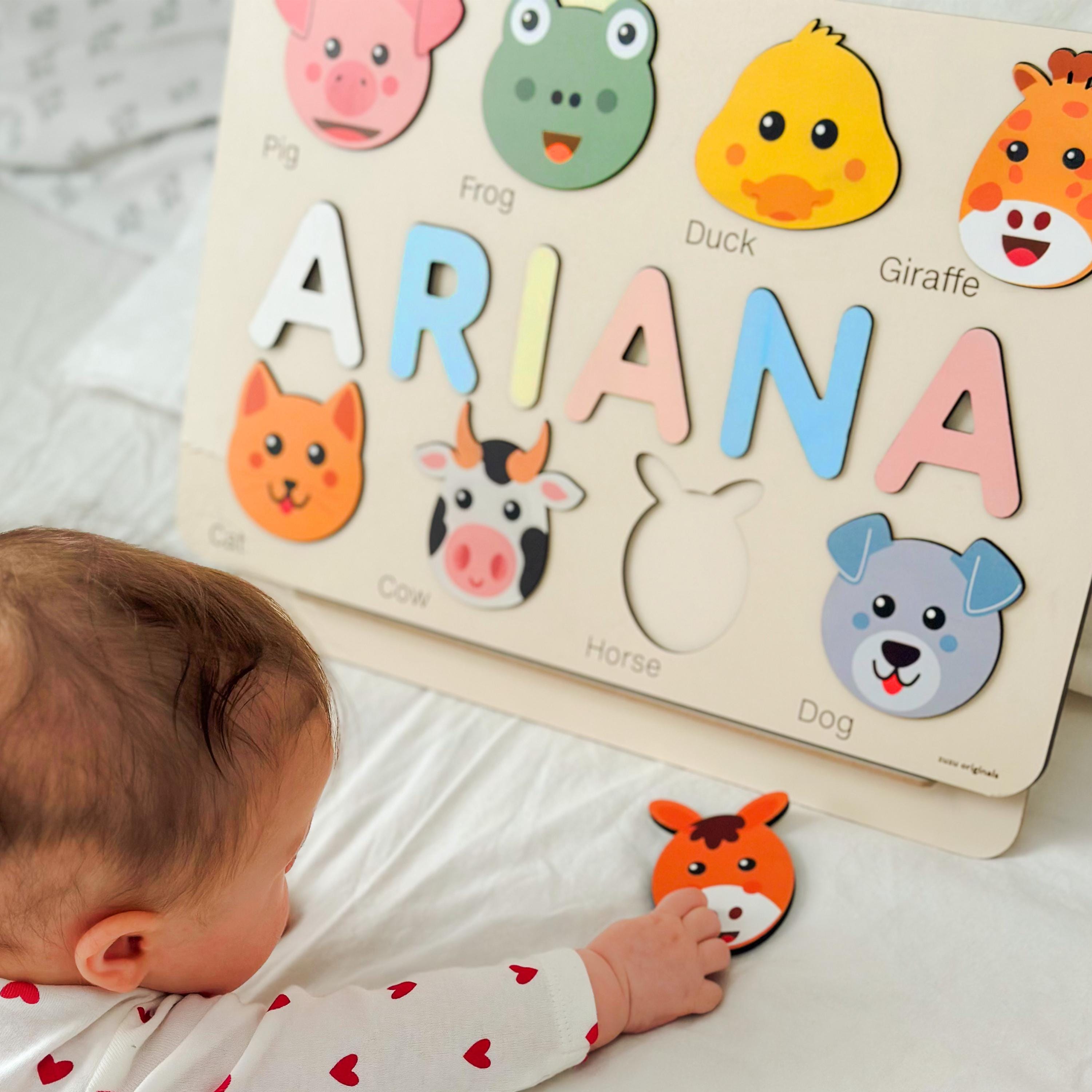 Custom Handmade Name Puzzle with Animals, Personalized Birthday Gift for Kids, Christmas Gifts for Toddlers, Unique New Baby Gift, Wood Toy