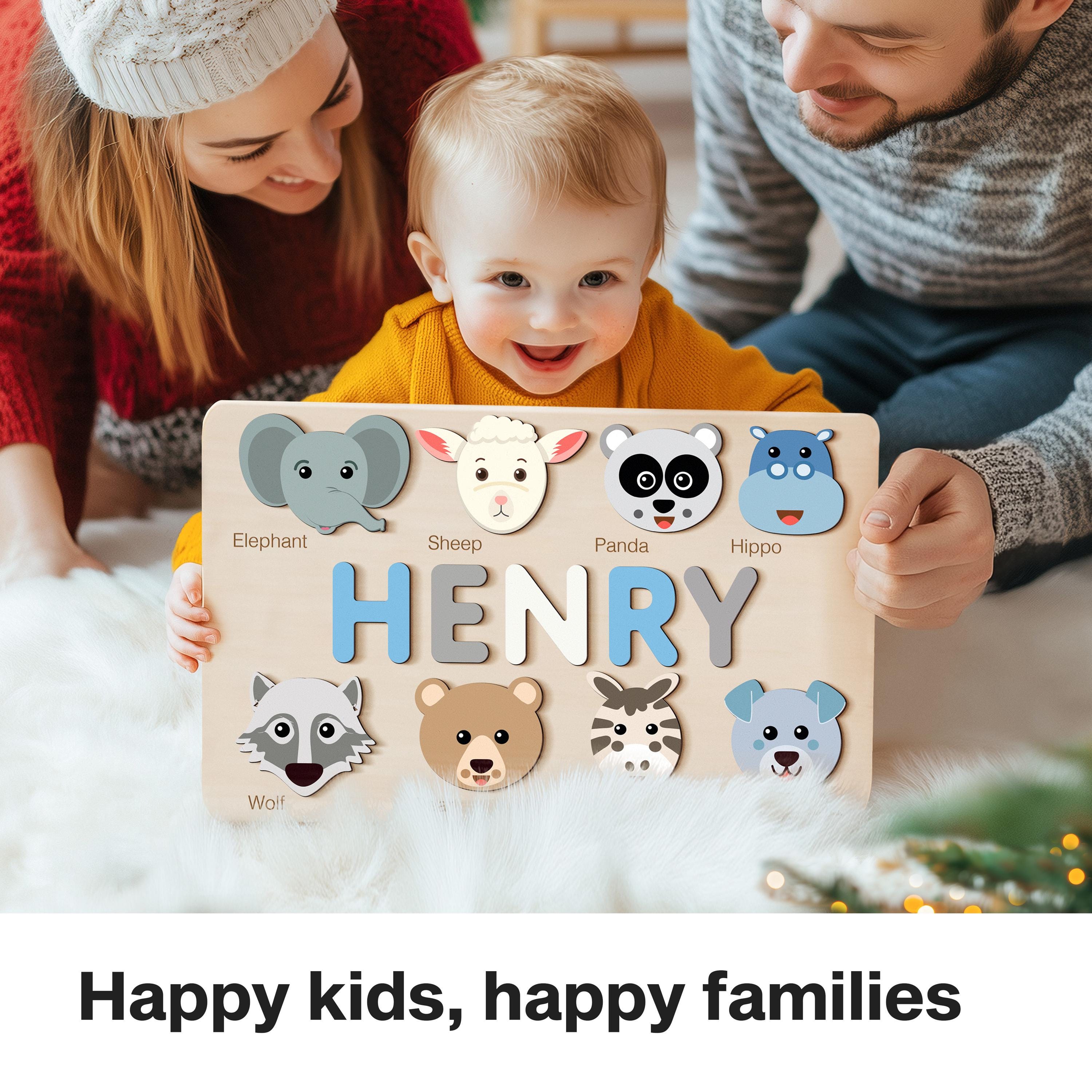 Custom Handmade Name Puzzle with Animals, Personalized Birthday Gift for Kids, Christmas Gifts for Toddlers, Unique New Baby Gift, Wood Toy