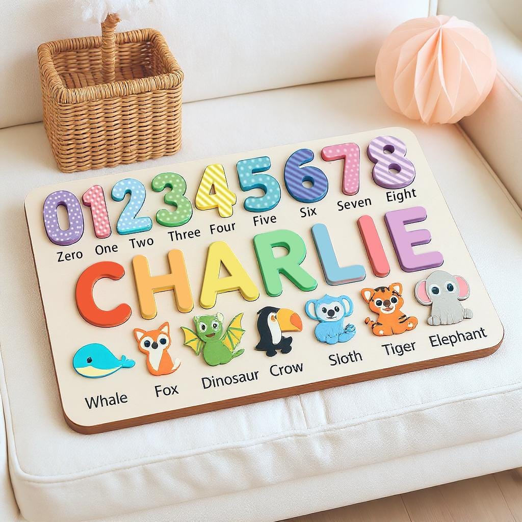 Personalized Wooden Name Puzzle, Custom Numbers 1-10&4-7 Elements Puzzles for Toddlers,Gift for Kids, Montessori Baby Toys, Baby Shower Gift