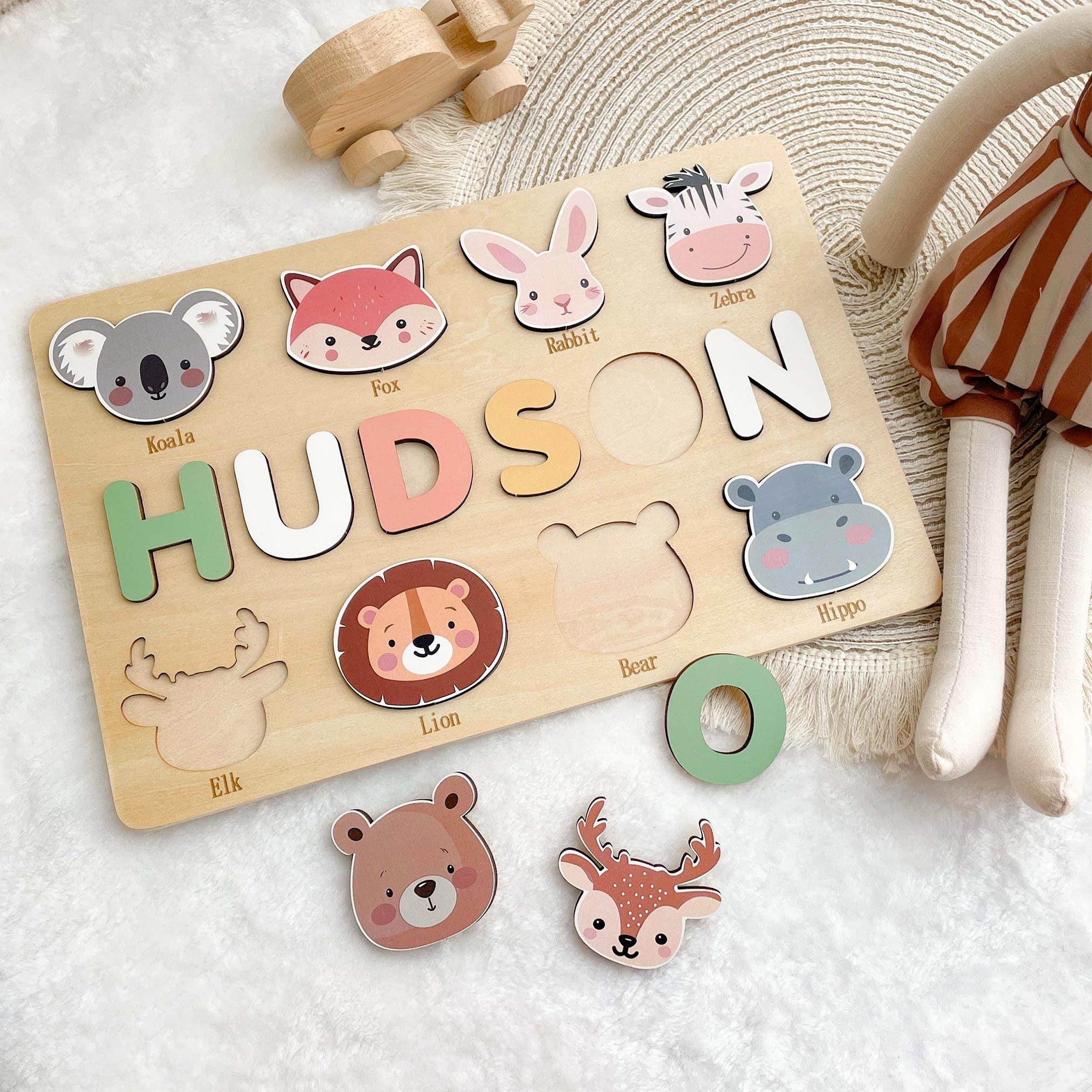 Personalized First Birthday Gift, Handmade Name Puzzle with Animals, Custom New Baby Gift for Toddler, Christmas Gifts, Wooden Toys