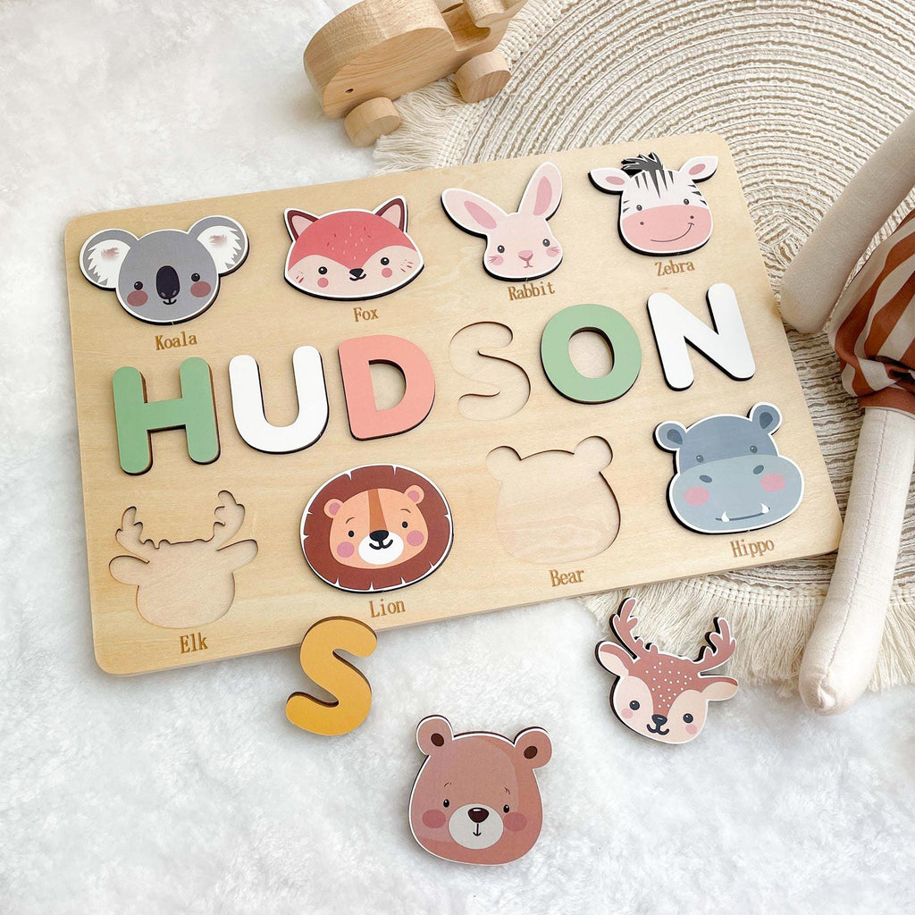 Personalized First Birthday Gift, Handmade Name Puzzle with Animals, Custom New Baby Gift for Toddler, Christmas Gifts, Wooden Toys