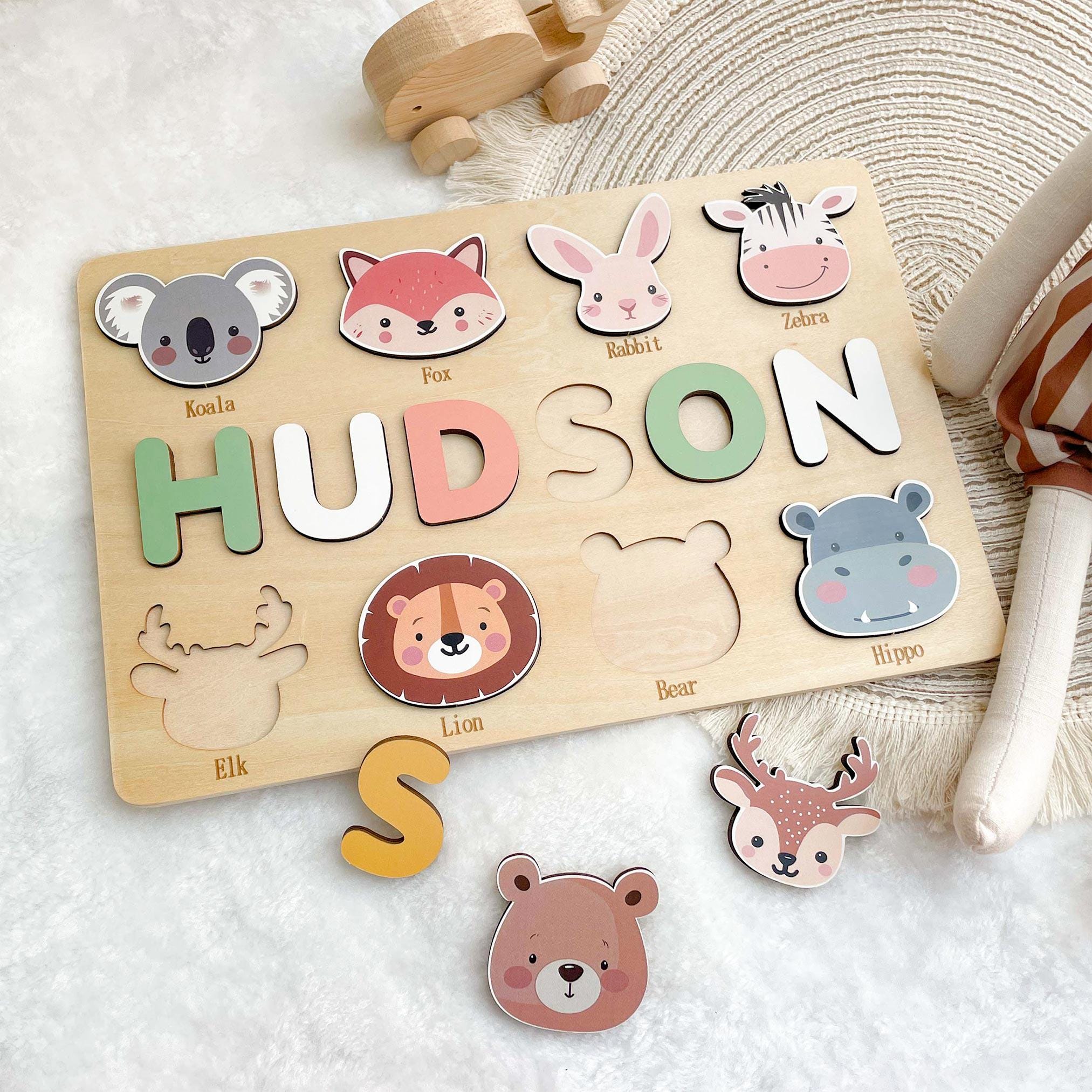 Personalized First Birthday Gift, Handmade Name Puzzle with Animals, Custom New Baby Gift for Toddler, Christmas Gifts, Wooden Toys