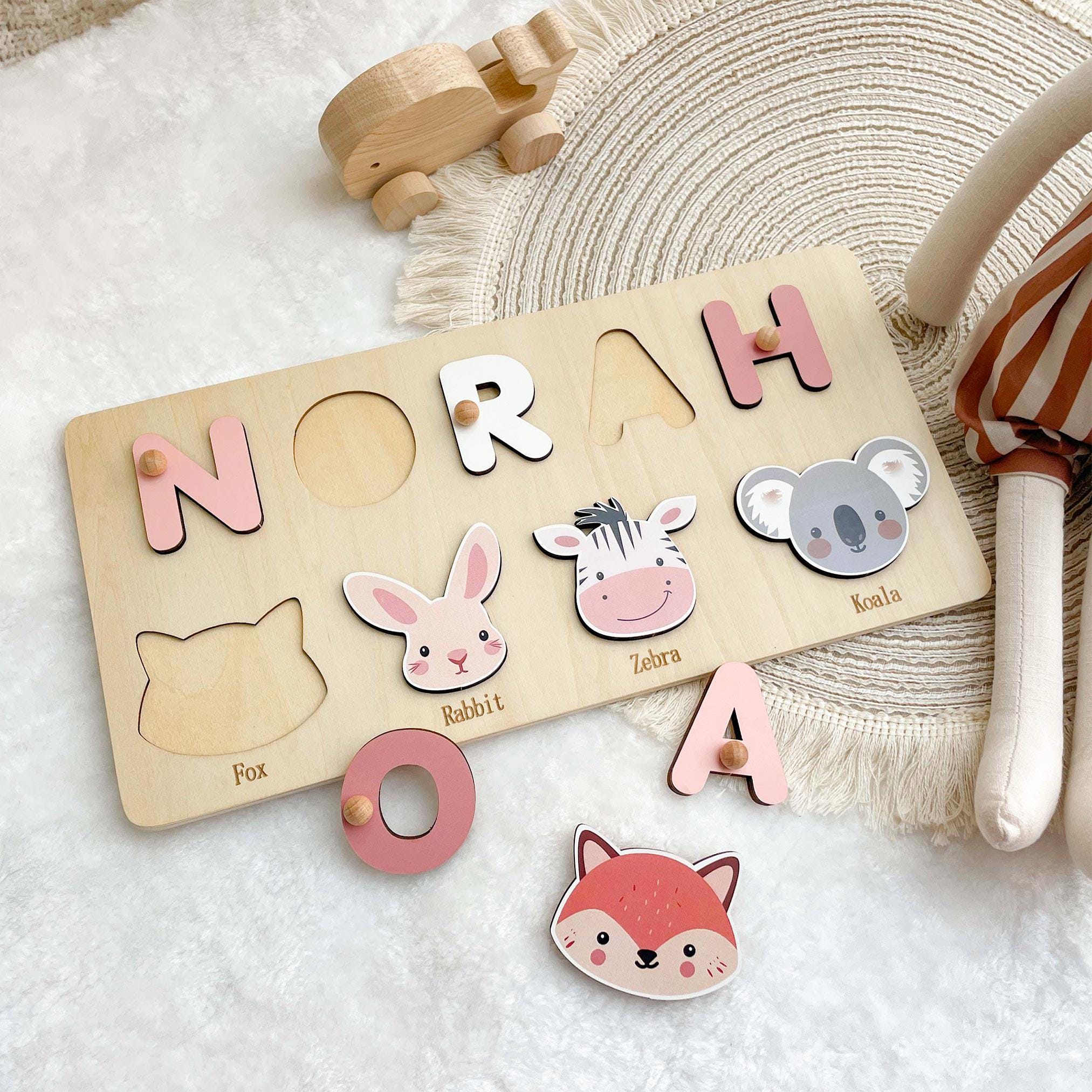 Personalized First Birthday Gift, Handmade Name Puzzle with Animals, Custom New Baby Gift for Toddler, Christmas Gifts, Wooden Toys