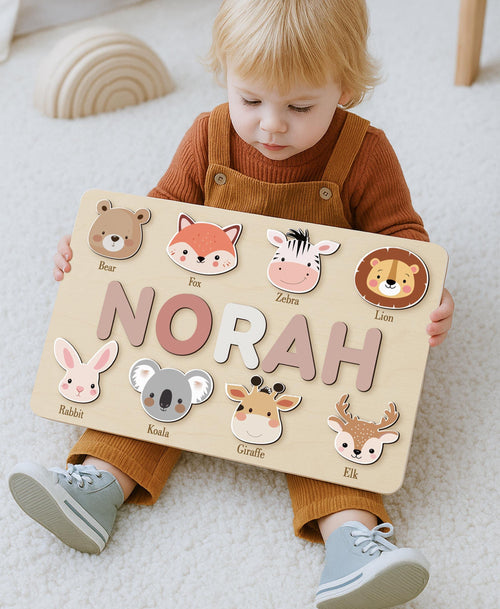 Personalized First Birthday Gift, Handmade Name Puzzle with Animals, Custom New Baby Gift for Toddler, Christmas Gifts, Wooden Toys