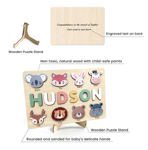 Personalized First Birthday Gift, Handmade Name Puzzle with Animals, Custom New Baby Gift for Toddler, Christmas Gifts, Wooden Toys