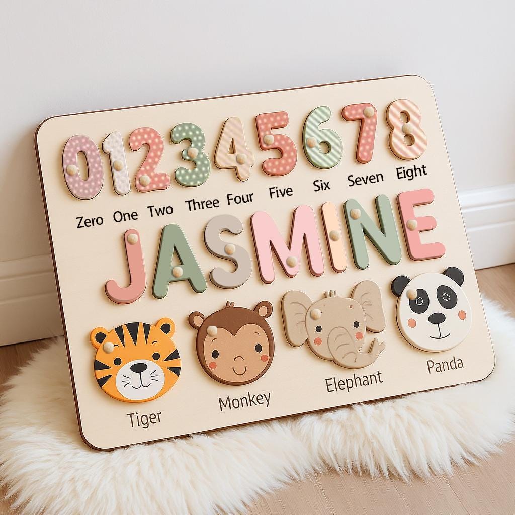Personalized Wooden Name Puzzle, Custom Numbers 1-10&4-7 Elements Puzzles for Toddlers,Gift for Kids, Montessori Baby Toys, Baby Shower Gift