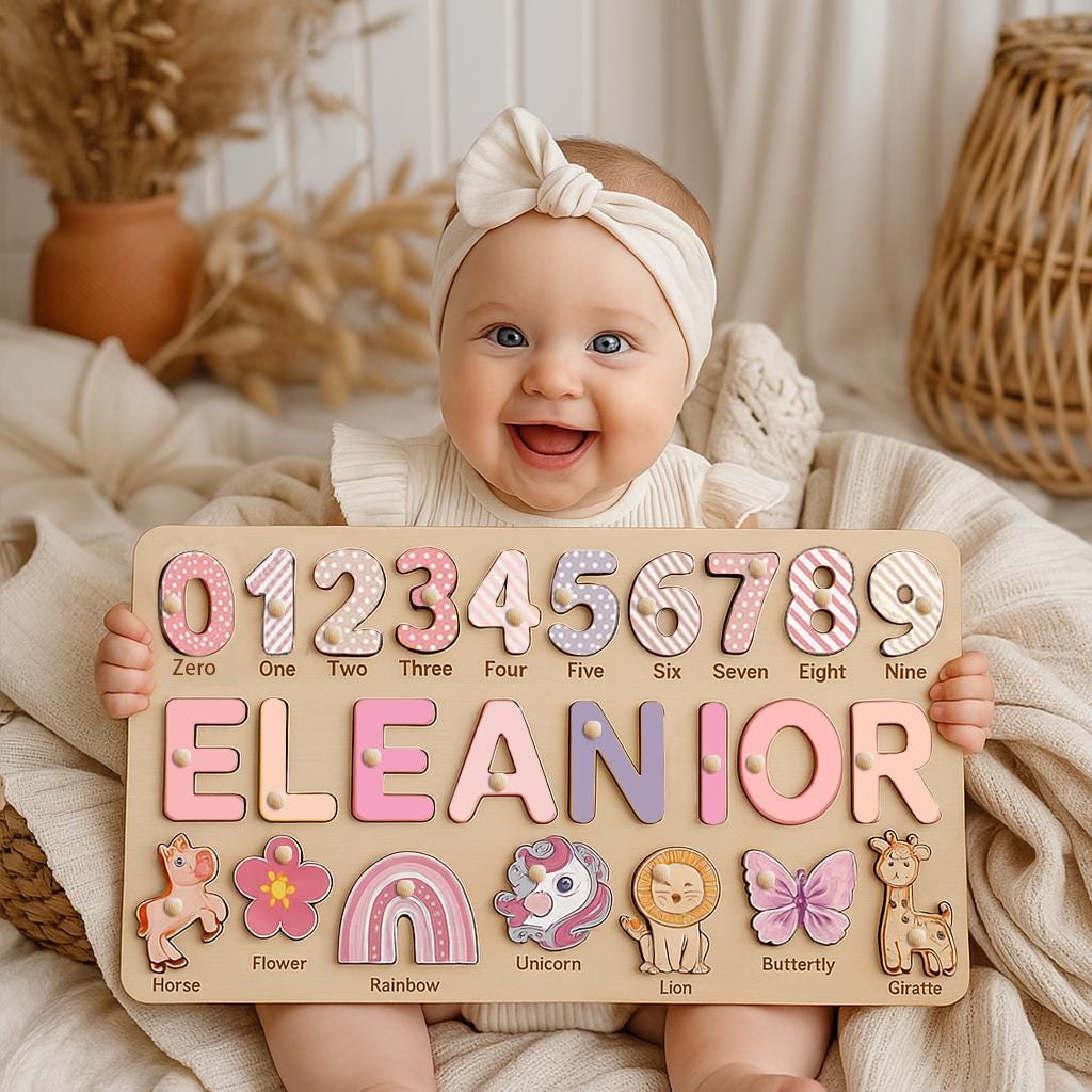 Personalized Wooden Name Puzzle, Custom Numbers 1-10&4-7 Elements Puzzles for Toddlers,Gift for Kids, Montessori Baby Toys, Baby Shower Gift
